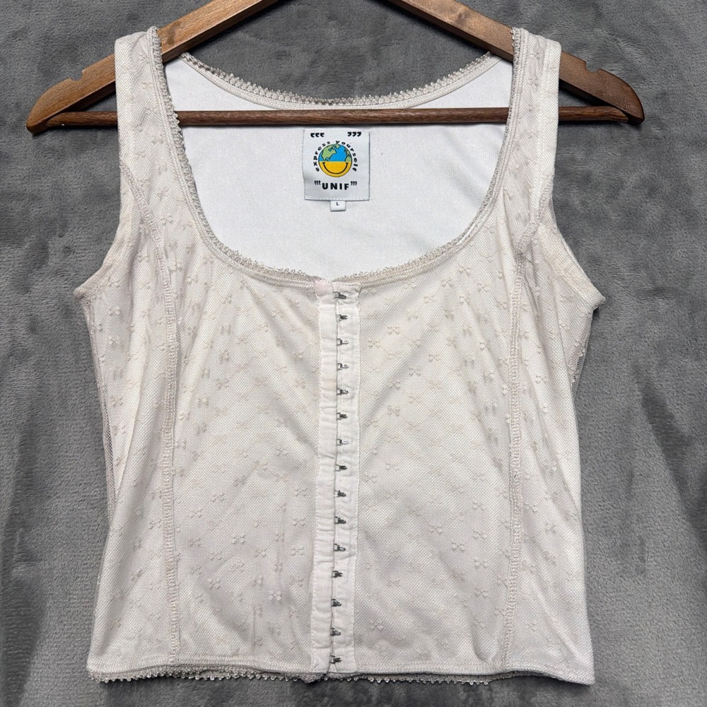 UNIF Dew Mesh Tank Top Womens Large Cream Hook Eye Lace Trim Y2K Coquette 90s